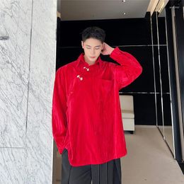 Men's Casual Shirts Men's Metal Button Chinese Stand Collar Velvet Long Sleeve Loose Top Male Streetwear Fashion Vintage Dress