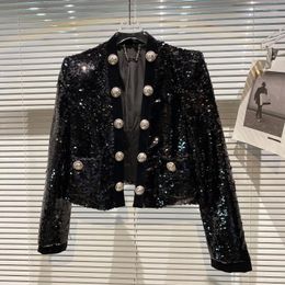 Women's Jackets Fashion Ladies Autumn Simple Sequined Shiny Double Breasted Suit Jacket Women's High Street Solid Colour
