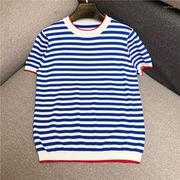 Women's Polos Striped Knitted T-shirt Women Summer Short-sleeved Ice Silk Hit Colour British College Style Pullover Top Tees