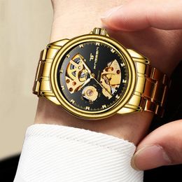 Wristwatches FNGEEN Mens Watches Top Gold Strap Men Mechanical Watch Fashion Skeleton Dial Waterproof Steampunk Reloj Hombre