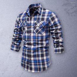 Men's Casual Shirts Men Shirt Plaid Print Long Sleeves Single-breasted Buttons Flap Pockets Colours Matching Turn-down Collar Spring Tops For