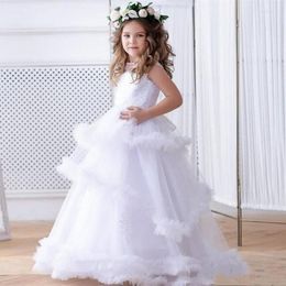 Girl Dresses White Flower For Wedding Lace 3/4 Long Sleeves Hollow Back First Communion 2-14 Years