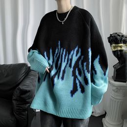 Men's Sweaters Winter Blue Flame Hip Hop Y2k Tops Harajuku Knitted Clothing Sueteres Para Hombre Oversize Streetwear 230209