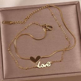 Anklets Dainty 14KC Gold Plated Titanium Steel Double-layer Love Heart Anklet Women Fashion Snake And Beaded Chain Foot Jewellery