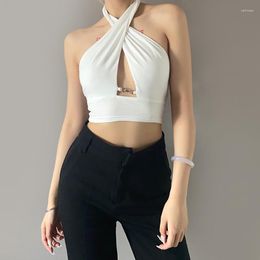 Women's Tanks Women Cross Halter Ruched Crop Tank Tops Solid Color Cut Out Sleeveless Open Back Rave Club Party Vest Summer Casual Cami 2023