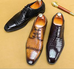 Dress Shoes England Style Handmade Pointed Toe Knit Men Oxfords Formal Brogue High Top Genuine Leather Lace Up