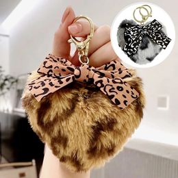 New Heart Pompoms Keychain Leopard Key Chain Rings Fake Rabbit Fur Plush Round Fluffy Ball Pendants Car Keyring Charm Bag Gift