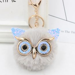 Keychains Fluffy Rabbit Fur Owl Pompom Ball Animal Tail Hair Ball Keychain Keyring Car Key Ring Charm Women Bag Pendant Decor