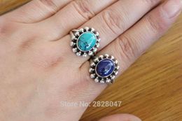 Cluster Rings SL008 Vintage Tibetan 925 Sterling Silver Inlaid Turquoise Lapis Stone Flower Ring Handmade Nepal For Lady