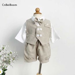 Clothing Sets 2023 New Baby Boys Gril Suit houndstooth Clothes Set Vest Shorts Tie bow shirt Spring Summer kids 1 2 3 4 Birthday wedding Party W230210