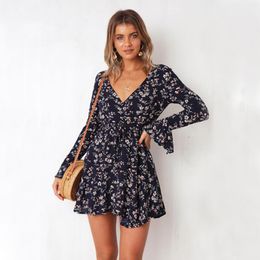 Casual Dresses Women's Boho Mini Floral Print Fashion Dress Summer Beach Chiffon V-Neck Short Skirt Sundress With Belt DressCasual