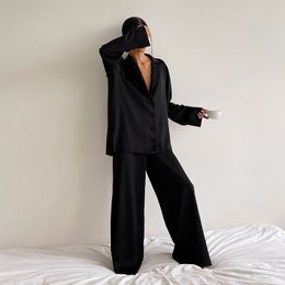 Women's Sleepwear Hiloc Oversized Satin Silk Sleepwear Low Cut Sexy Pyjamas For Women Single-Breasted Long Sleeves Wide Leg Pants Trouser Suits 230209