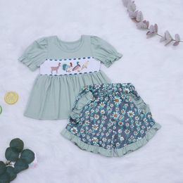 Clothing Sets 18T Baby Girl Suits Summer Sets With Cute Cartoon Deer Chicken Duck Bird Embroidery Green Short SleeveFlower Pattern Pants Hot W230210