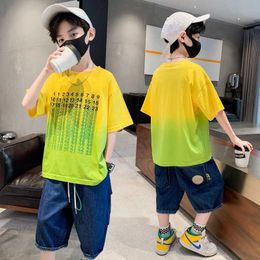 Clothing Sets Summer Children's Clothing Sets Numeral Print T ShirtDenim Shorts 2pcs for Teenage Casual Boys Tracksuit Sports Suit 414 Y W230210