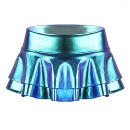 Skirts Womens Shiny Metallic Ruffled Mini SkirtLow Rise Double Layered Shorts Dance Party Rave Clubwear For Pole Dancing