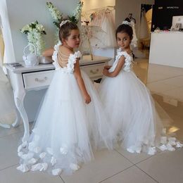 Girl Dresses Cute Flower Lace Appliques Tulle Girls Pageant Gowns Sleeve Long Children Formal Party Dress Puffy Vestido Daminha