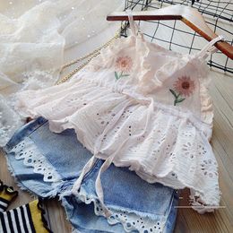 Clothing Sets 2 3 4 5 6 Years Children Clothing Sets For Girls Summer Embroidered Flower Lace Sling Tops And Denim Shorts Little Princess Suit W230210