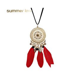 Pendant Necklaces Sliver Hollow Dream Catcher Tassel Necklace For Women Elegant Red Black Feather Bohemian Style Jewellery Gift Drop D Dhmhc