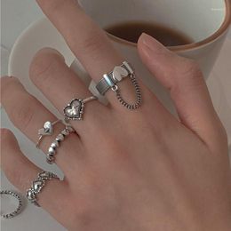 Cluster Rings Korea Punk Love Heart Ring Set 5pcs Personality Temperament Zircon Silver Colour Geometric For Women Fashion Goth Jewellery