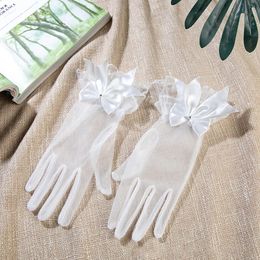Sweet Flower Girls Short Gloves Mesh Bow Lace Pearl Decoration Gloves Children Kids Fashion Elegant Gloves Mittens Party Supply