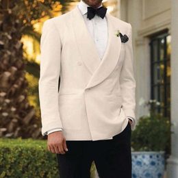 Men's Suits & Blazers White Double Breasted Wedding Tuxedo For Groom With Shawl Lapel 2 Piece Slim Fit Men Set Jacket Black Pants Fashion