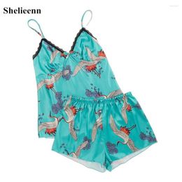 Women's Sleepwear 2023 Pajama Set Women Print Pattern Silk V Neck Sexy Pijama Satin Night Home Suits Sleeveless Top And Shorts