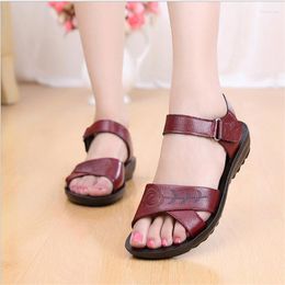 Sandals Women Genuine Leather Ladies Shoes Summer Flat Bottom Sandles Casual Black Red 2023 Fashion