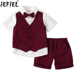 Clothing Sets Boys Christening Outfit British Gentleman Suit Short Sleeve Fake 2Pc Tops with Shorts Formal Dress for Wedding Birthday Party W230210