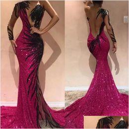 Prom Dresses Y Fuchsia Mermaid 2022 One Sleeve Open Back Evening Gowns With Black Embroidery Long Sleeves Pageant Dress Bc0468 Drop Dhqru