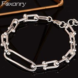 Link Chain Foxanry Silver Colour Chain Bracelet for Women Couples New Fashion Creative Hollow Geometric Handmade Birthday Party Jewellery Gift G230208