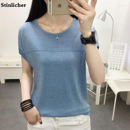Women's Tanks Shiny Ice Silk Knit Tank Top Women Tops Camisole Summer Short Sleeves Casual Loose Basic All-Match T-Shirts Vest Camis Korea