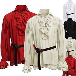 Men's Casual Shirts Mens Medieval Shirts Poet's Renaissance Costume Viking Pirate Captain Lace Up Ruffle Tops Sand Collar Shirt 230209