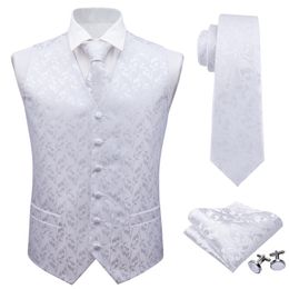 Mens Vests BarryWang Classic White Floral Jacquard Silk Waistcoat Handkerchief Party Wedding Tie Vest Suit Pocket Square Set 230209
