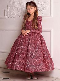 Girl Dresses Glitter Sequin Celebrity Flower Dress V Neck Backless Elegant First Communion Little Bride Bow