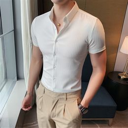 Men's Casual Shirts Plus Size 4XLM Summer Mens Dark Striped Short Sleeve Fashion Korean Slim Fit Business Formal Wear Blouse 230209