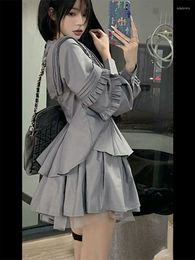 Work Dresses 2023 Autumn Japanese Gothic Two Pieces Set Women Cute Shirt Tops Pleated Fashion Mini Skirts Girls Harajuku Outfits Y2k Suit