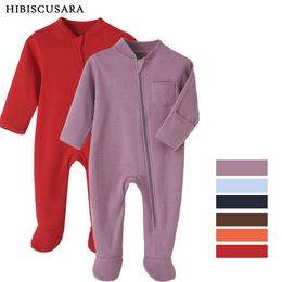 Rompers 100 Cotton born Baby Clothes Solid Color Jumpsuit Zipper Infant Boys Girls Spring Bottoming Shirt Jumpsuits Footed 230209