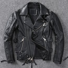 Men's Leather Faux Leather Black Motorcycle Leather Jacket Men Natural Genuine Cowhide Slim Fit Vintage Brown Mens Biker Racer Jackets Oblique Zipper S~5XL 230209