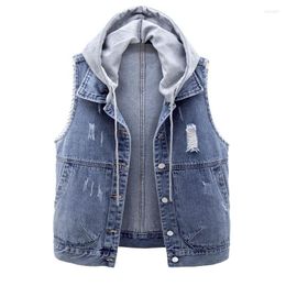 Women's Vests Short Denim Vest Women Detachable Hooded Coat 2023 Spring Summer Side Pockets Hole Sleeveless Jeans Jacket Female Tops