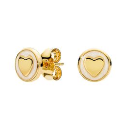 Yellow Gold plated Round Hearts Stud Earrings for Pandora Real Sterling Silver Wedding Jewellery For Women Girls Girlfriend Gift Earring with Original Box Set
