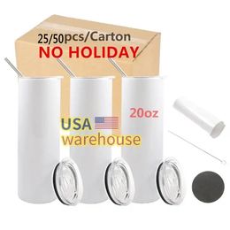 2 Days USA Delivery 20oz Water Bottles Sublimation Blanks Stainless Steel Heat Transfer Printing Tumbler Vacuum Insulated Straight Tumblers Coffee Tea Mugs