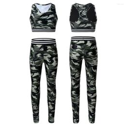 Stage Wear Kids Girls Tracksuit Camouflage Printed Stretchy Crop Top With Leggings Pants Performance Ballet Gymnastics Dance
