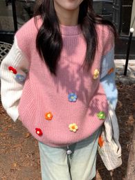Women's Sweaters Flower Aesthetic Tops Cute Jumpers Japanese Kawaii Contrast Colour Patchwork Sweater Women Autumn All Match Pullovers Lolita