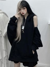 Women's Hoodies Deeptown Gothic Grunge Black Women Punk Techwear Oversized Sweatshirts Loose Casual Off Shoulder Pullover Tops BF E-girl