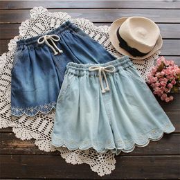 Women's Shorts Spring Summer Mori Girl Short Women's Layer Floral Embroidery Elastic Waist Pocket Denim Cowboy Female Vestido Mini U489