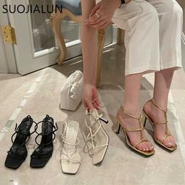 Summer New 2022 SUOJIALUN Gold Women Sandals Fashion Narrow Band Ladies Elegant Gladiator Shoes Thin High Heel Dress Pum e3a9