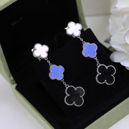 Vintage Dangle Chandelier Earrings Designer 18K Gold Plated White Mother Of Pearl Three Purple White Four Leaf Clover Flower Charm Drop For Women Jewellery With Box