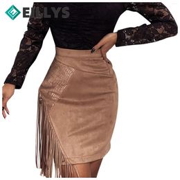 Skirts Solid Colour Fringe Bodycon Pencil Tassel High Waist Women Deerskin Suede Skirt Stitching Sexy Asymmetrical