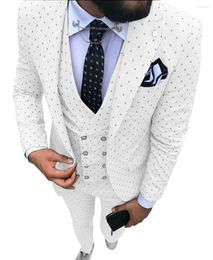 Men's Suits Men's White Suit 3 Pieces Spotted Notch Lapel Slim Fit Double Breasted Vest Tuxedos Groomsmen For Wedding(Blazer Pants)