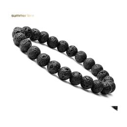 Beaded Strands 8Mm Black Natural Lava Stone Bead Bracelet For Men Women Adjustable Oil Per Diffuser Healing Stretch Yoga Jewelry Dr Dhy7V